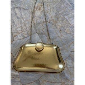 Vintage Macys Gold Metallic Evening Bag Chain Strap Structured Clutch Purse